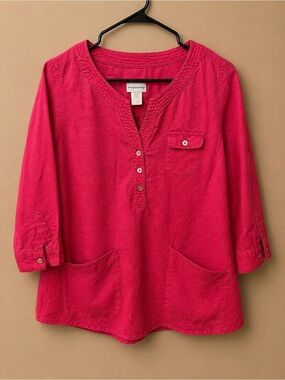 Soft Surroundings Raspberry V-Split Tunic with Pockets 100% linen